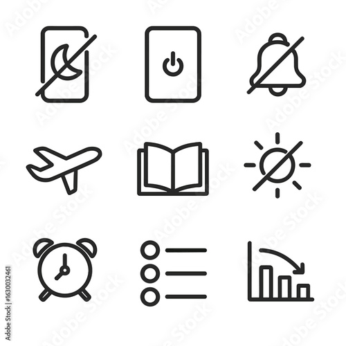 Digital Detox Icons. Outline icon set of digital detox at night: smartphone with moon and slash, tablet off silhouette,
