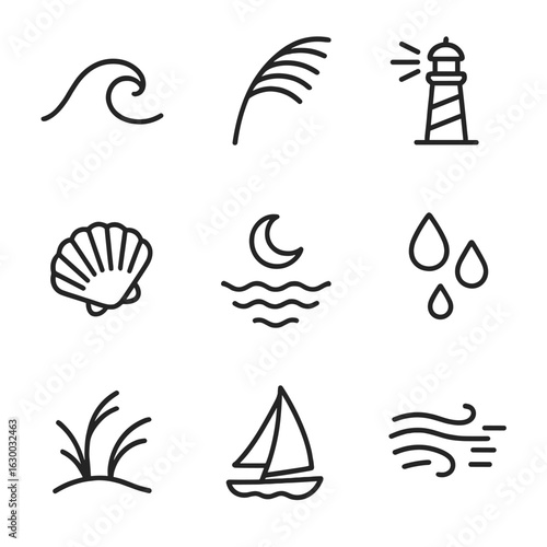 Coastal Night Breeze Icons. Outline icon set of coastal night breeze: rolling wave outline, palm frond sway, lighthouse beam in