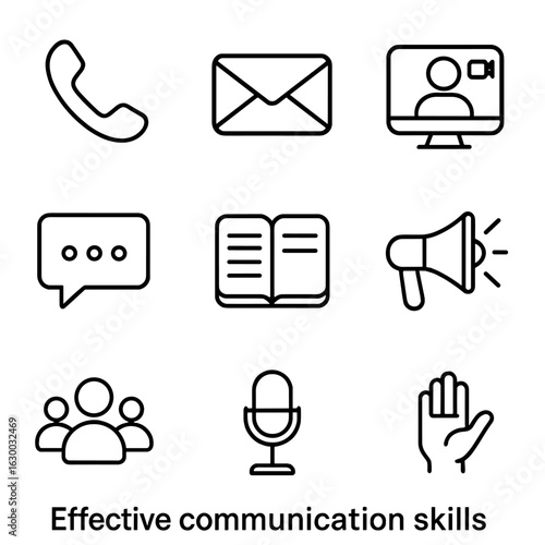 Effective Communication Icons. Outline icon set of effective communication skills: phone, email, video call,
