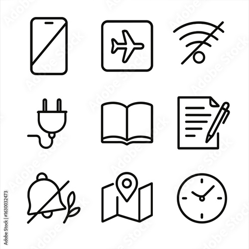 Digital Detox Icons. Outline icon set of digital detox solitude: smartphone switched off, airplane mode icon, disconnected Wi-Fi