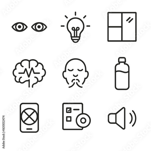 Mental Clarity Icons. Outline icon set of mental clarity: focused eyes, idea bulb, clear window, brain pulse, calm breath,