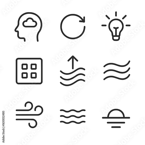 Mental Clarity Icons. Outline icon set of mental clarity: clear mind, reset symbol, fresh thought, declutter icon, wave flow, soft