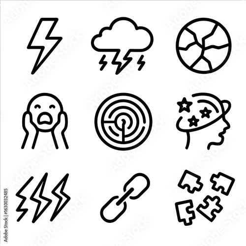 Mental Chaos Icons. Outline icon set of mental chaos: lightning bolt, storm cloud, fractured mirror, screaming face, maze, dizzy