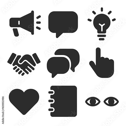 Effective Communication Icons. Solid, filled icons set of effective communication: megaphone, speech bubble,