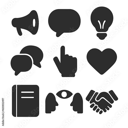Effective Communication Icons. Solid, filled icons set of effective communication: megaphone, speech bubble,