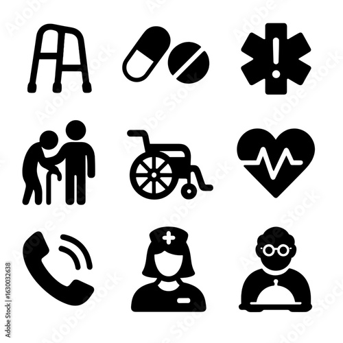 Elderly Care Icons. Solid, filled icons set of elderly care: walker, pills, medical alert, companion,