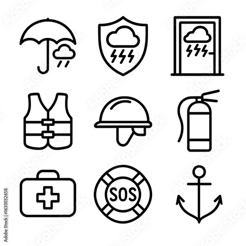 Mental Storm Tools Icons. Outline icon set of mental storm tools: umbrella, shield, storm door, life vest, safety helmet, fire