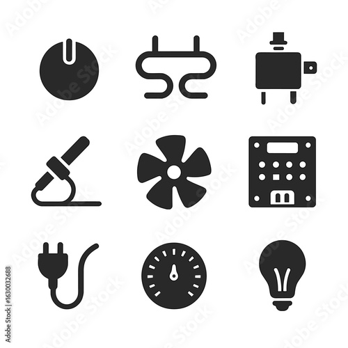 Electric Oven Icons. Solid, filled icons set of electric oven components: oven knob, heating coil, thermostat,