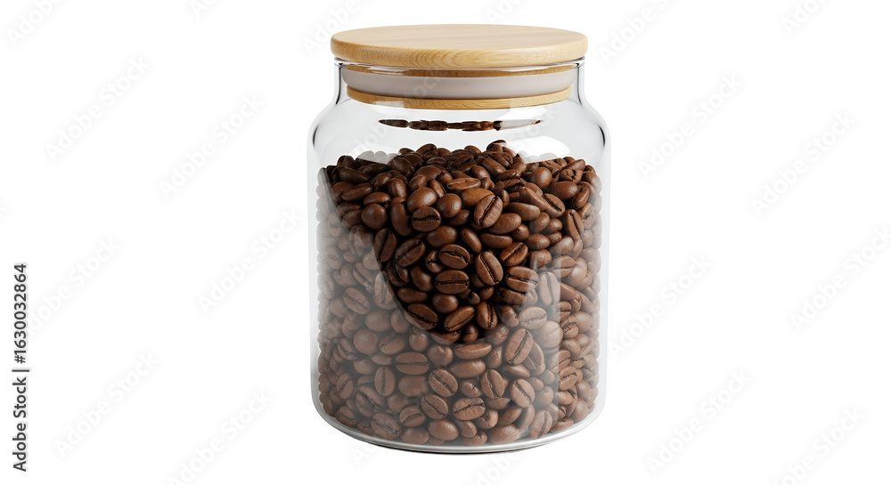 Roasted Coffee Beans in Clear Glass Jar with Wooden Lid Roasted Coffee Beans in Clear Glass Jar with Wooden Lid