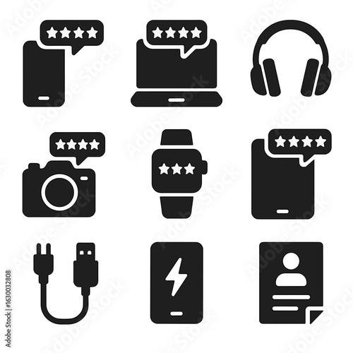 Electronics Icons Grid. Solid, filled icons set of Electronics product reviews: smartphone, laptop, headphones