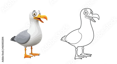Funny Seagull Cartoon Coloring Page for Kids Whimsical Shorebird Line Art Printable
