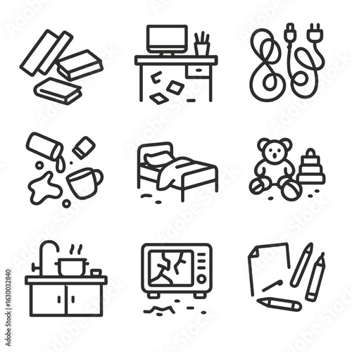 Messy Outline Icons. Outline icon set of disorder and mess: fallen books, cluttered desk, tangled cords, spilled items, unkempt