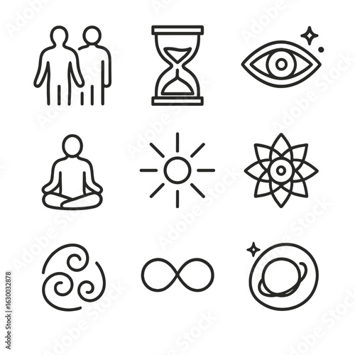 Metaphysical Time Icons. Outline icon set of metaphysical time: astral body, floating hourglass, celestial eye, meditation pose,