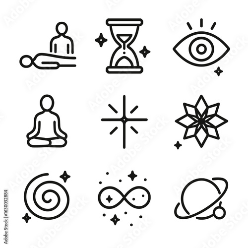 Metaphysical Time Icons. Outline icon set of metaphysical time: astral body, floating hourglass, celestial eye, meditation pose,