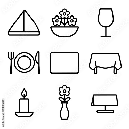 Elegant Table Decor Icons. Outline icon set of table decor with folded napkins: folded napkin, centerpiece,