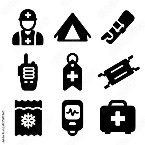 Emergency Response Icons. Solid, filled icons set of field treatment by rescue teams: rescue worker, emergency