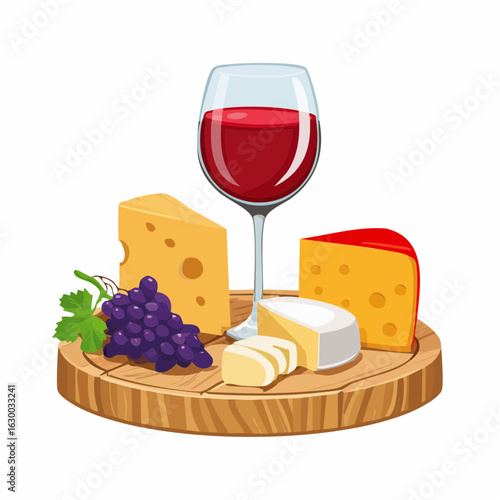 vector illustration, Assorted cheeses with grapes and a glass of red wine on a rustic wooden board