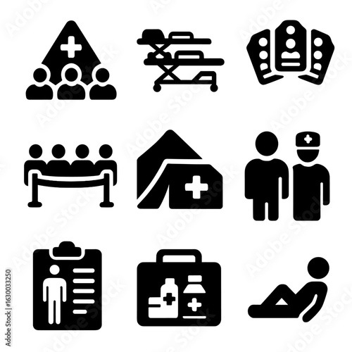 Emergency Response Icons. Solid, filled icons set of mass casualty response setup: emergency triage zones,