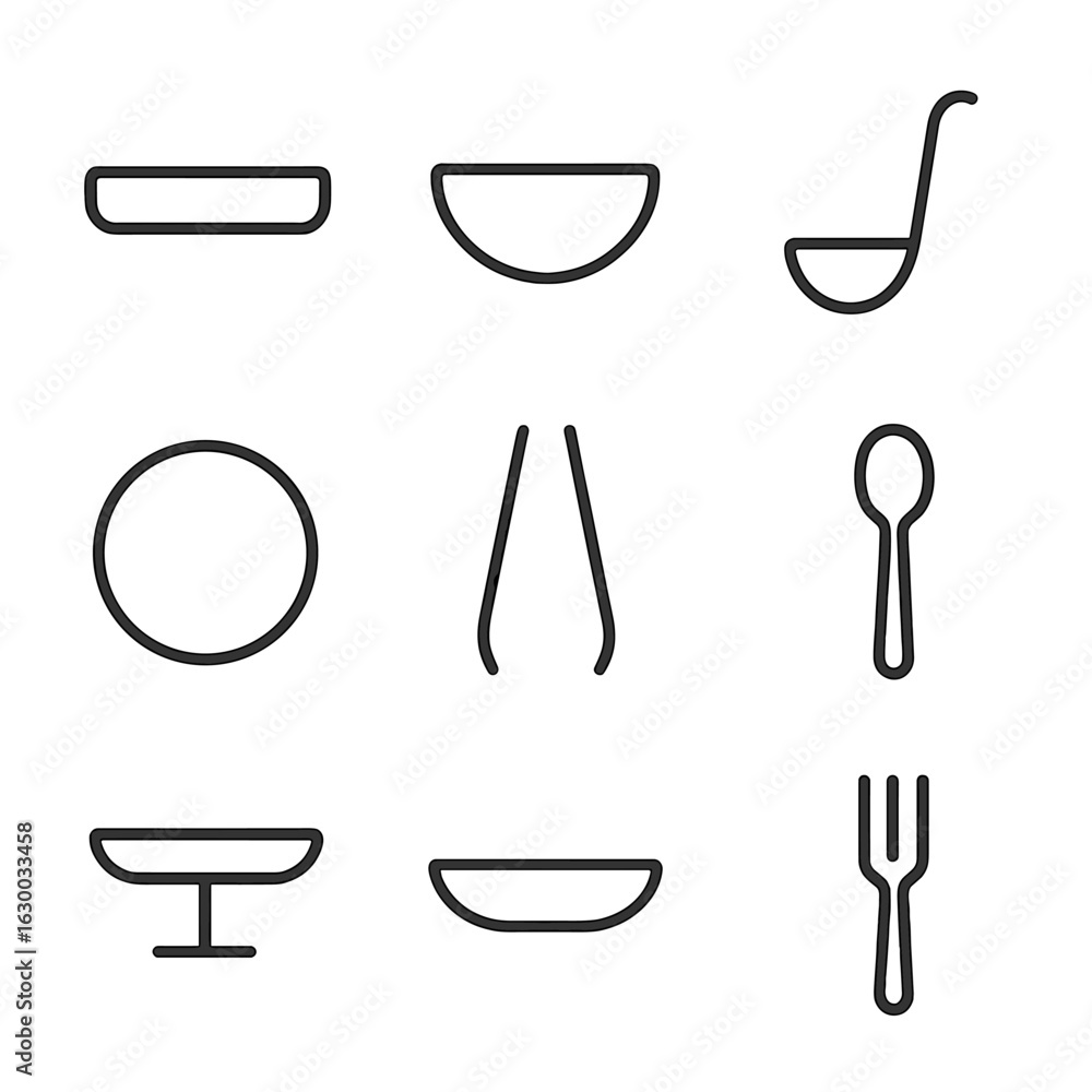 Fototapeta premium Minimal Serveware Icons. Outline icon set of minimalist serveware: plain tray, simple bowl, basic ladle, smooth platter,