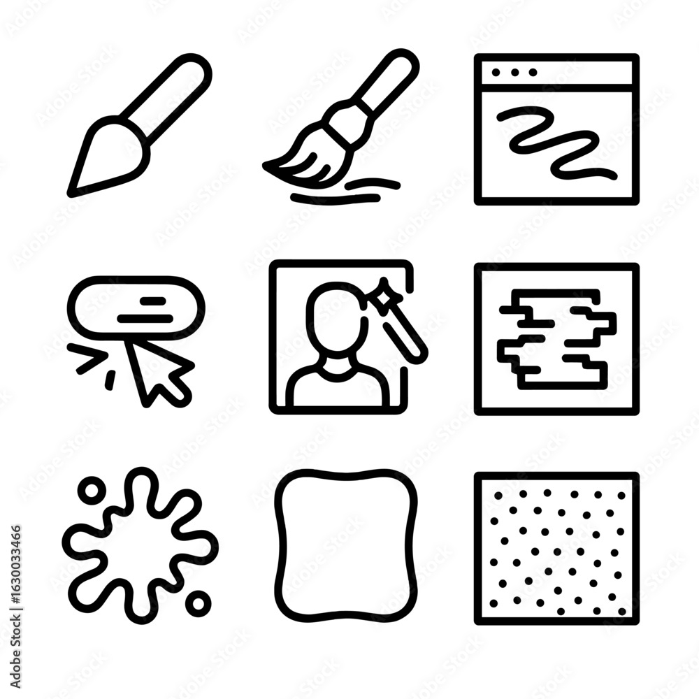 Digital Smudge Icon Set. Outline icon set of digital smudge effects: blur tool, smear brush, smudge filter, pixel smear, photo
