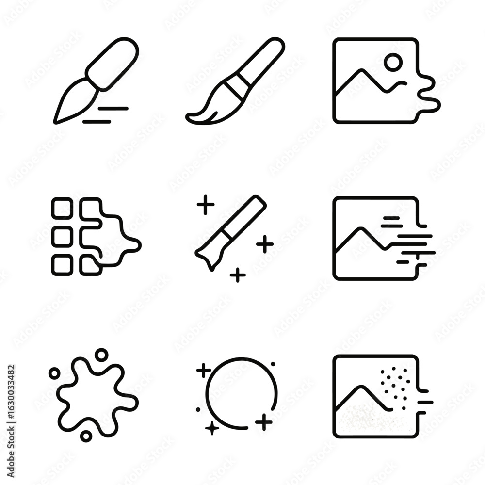 Digital Smudge Icon Set. Outline icon set of digital smudge effects: blur tool, smear brush, smudge filter, pixel smear, photo