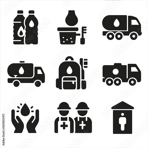 Emergency Water Relief Icons. Solid, filled icons set of emergency water relief: bottled water, water