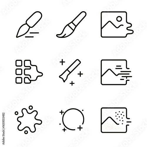 Digital Smudge Icon Set. Outline icon set of digital smudge effects: blur tool, smear brush, smudge filter, pixel smear, photo