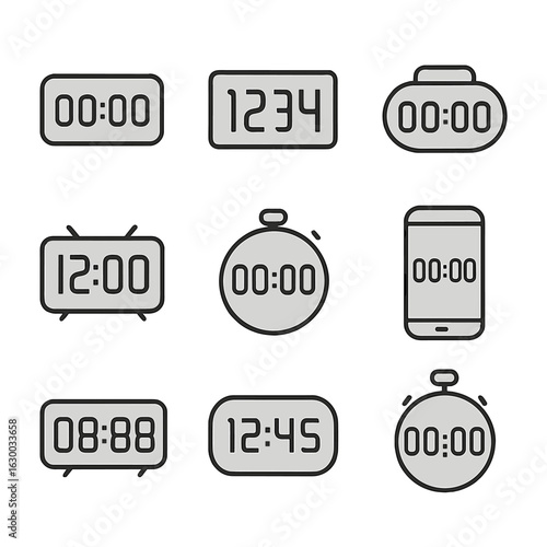 Digital Time Icon Set. Outline icon set of digital time displays: countdown screen, numeric display, LED timer, backlit clock,