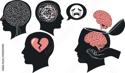 Vector art of mental health and psychology concepts with human head and brain illustrations