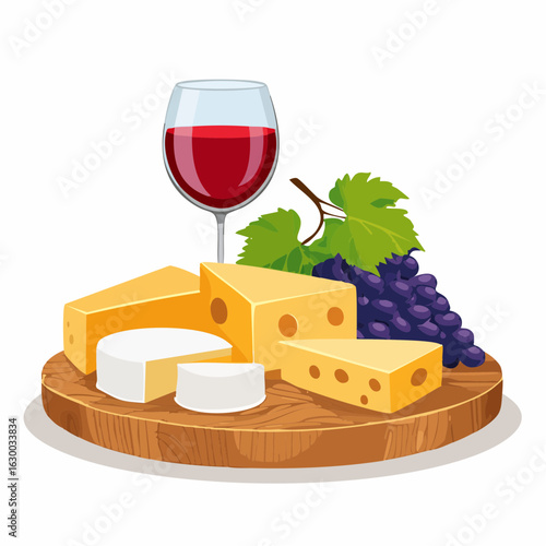 vector illustration, Assorted cheeses with grapes and a glass of red wine on a rustic wooden board