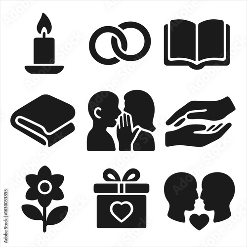 Emotional Intimacy Icons. Solid, filled icons set of emotional intimacy symbols: candlelight, intertwined