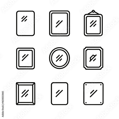 Mirror Material Icons. Outline icon set of mirror materials: glass mirror, metal mirror, acrylic mirror, plastic mirror, silver