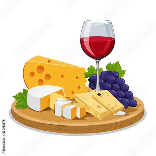 vector illustration, Assorted cheeses with grapes and a glass of red wine on a rustic wooden board