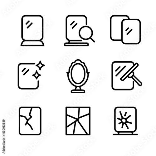 Mirror Icon Set. Outline icon set of mirror functions: reflection, magnification, double reflection, light reflection, decorative