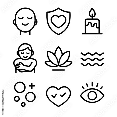 Emotional Self-Care Icons. Outline icon set of Emotional self-care: serene face, heart shield, soothing candle
