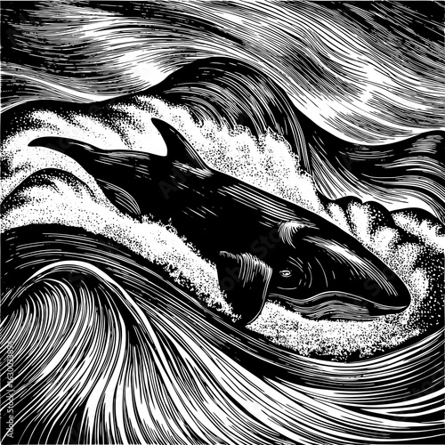 Orca whale breaching through stylized black and white waves