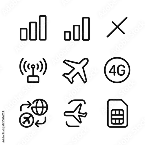 Mobile Signal Icons. Outline icon set of mobile network signals: signal bars, low signal, full signal, no signal, airplane mode,