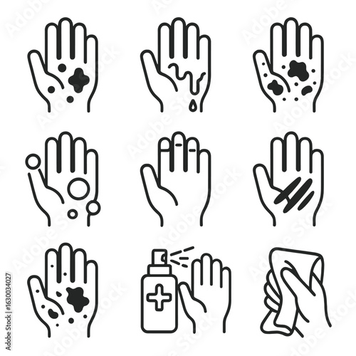 Dirty Hands Icons. Outline icon set of dirty hand illustrations: stained hand, greasy fingers, muddy palm, soap bubbles,
