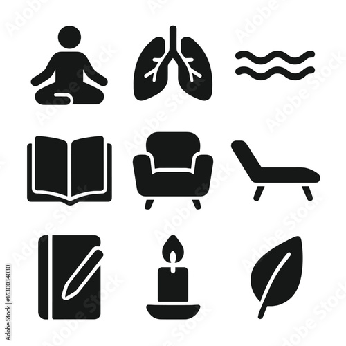 Emotional Wellness Icons. Solid, filled icons set of emotional wellness tools: meditation pose, breathing