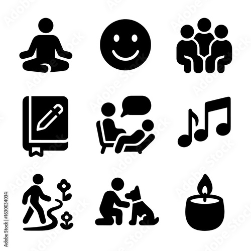 Emotional Wellbeing Icons. Solid, filled icons set of emotional hygiene and wellbeing: meditation pose, smiley