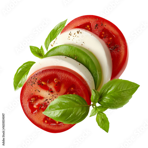 Caprese Salad Slices Tomatoes Mozzarella Basil, isolated on transparent background, perfect cutout, PNG