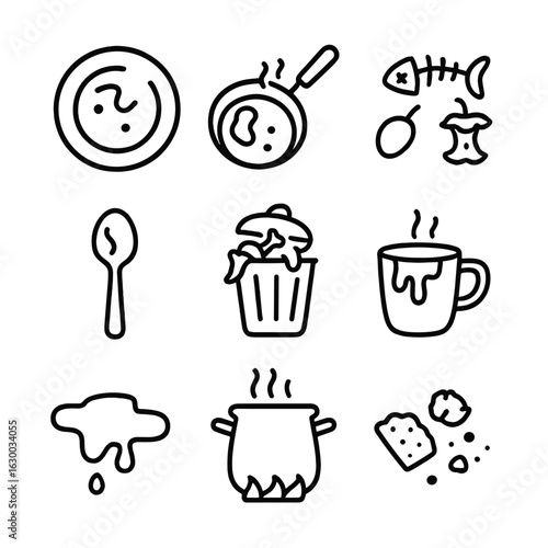Dirty Kitchen Icons. Outline icon set of dirty kitchen items: dirty plate, greasy pan, food scraps, stained spoon, overflowing