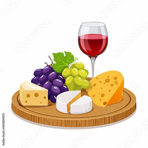 vector illustration, Assorted cheeses with grapes and a glass of red wine on a rustic wooden board