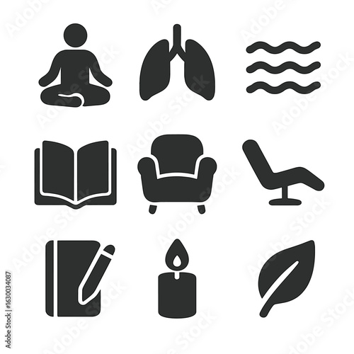 Emotional Wellness Icons. Solid, filled icons set of emotional wellness tools: meditation pose, breathing