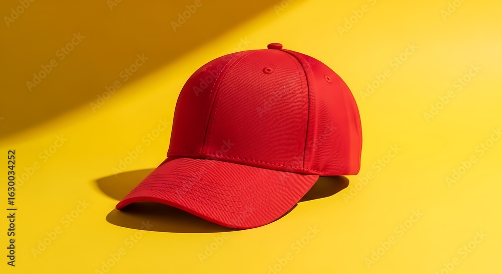 Fototapeta premium A vibrant red baseball cap casting a shadow on a bright yellow background