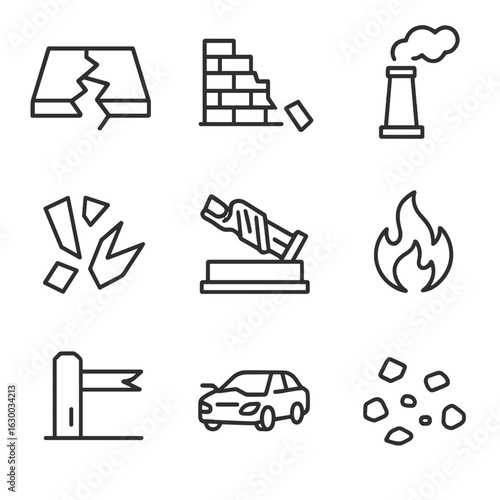 Disaster Aftermath Icons. Outline icon set of disaster aftermath: cracked road, collapsed wall, smoking chimney, shattered glass