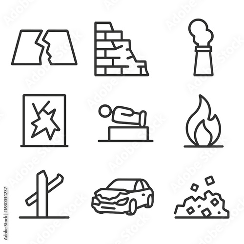 Disaster Aftermath Icons. Outline icon set of disaster aftermath: cracked road, collapsed wall, smoking chimney, shattered glass