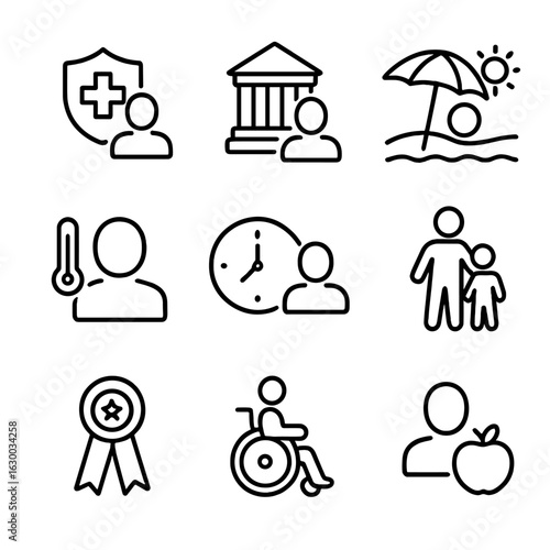 Employment Benefits Icons. Outline icon set of employment benefits by age: health insurance, pension fund,