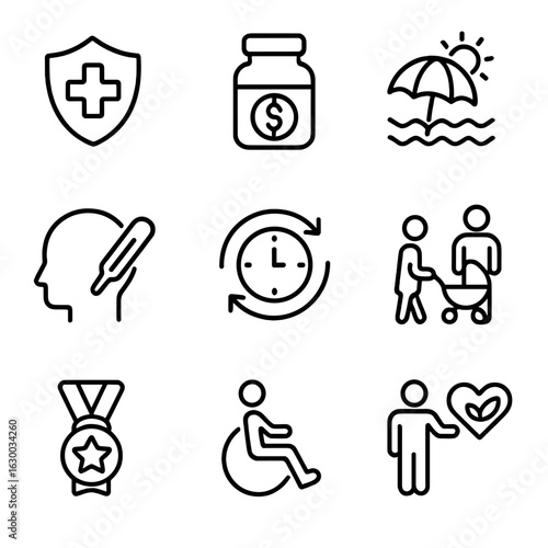 Employment Benefits Icons. Outline icon set of employment benefits by age: health insurance, pension fund,