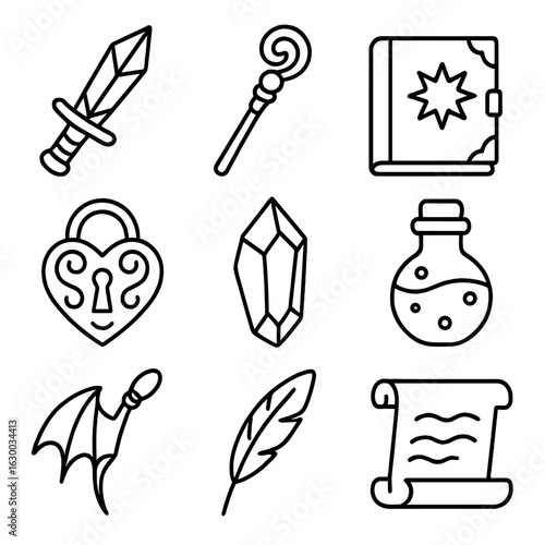 Enchanted Objects Icon Set. Outline icon set of enchanted objects: crystal dagger, magical staff, spell book,